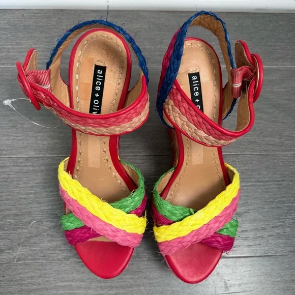 Alice + Olivia Josiey Rainbow Raffia Wedge Sandals Size 8 Colorful Platform Shoe - Picture 10 of 16